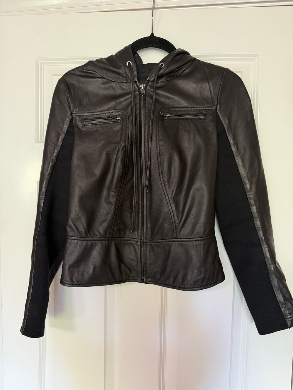 Trouve Black Leather Hooded Jacket with Knit Sleeves